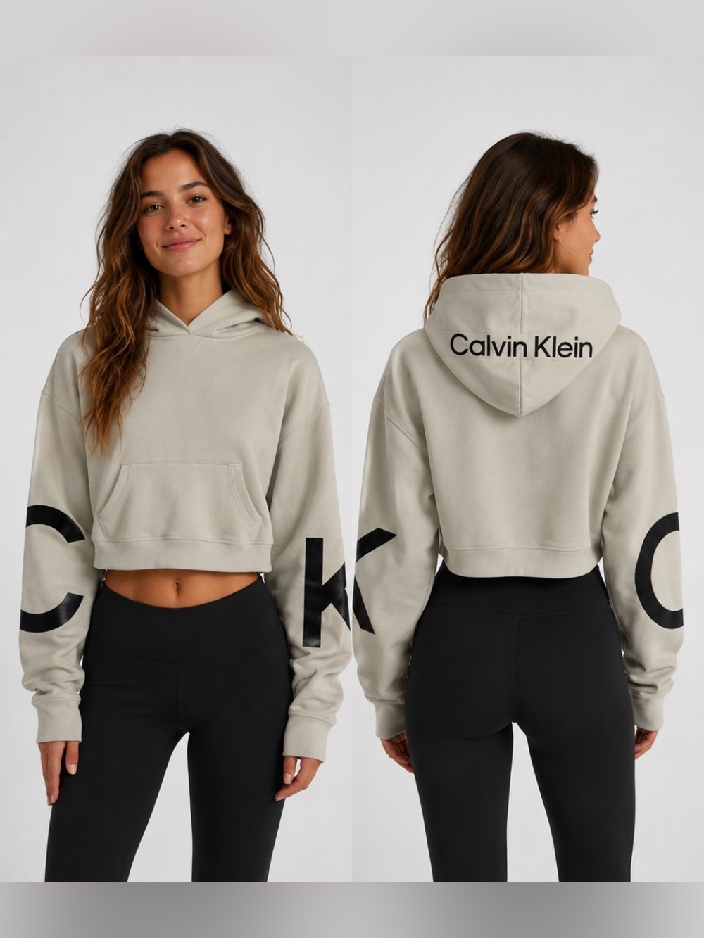 Calvin Klein Women’s Cropped Cream Pullover Hoodie with Logo Hood